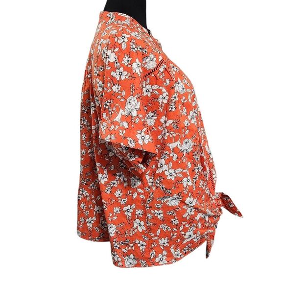 Charter Club Linen Blouse XL Orange Floral Blend Front Tie Cottagecore - Picture 9 of 10